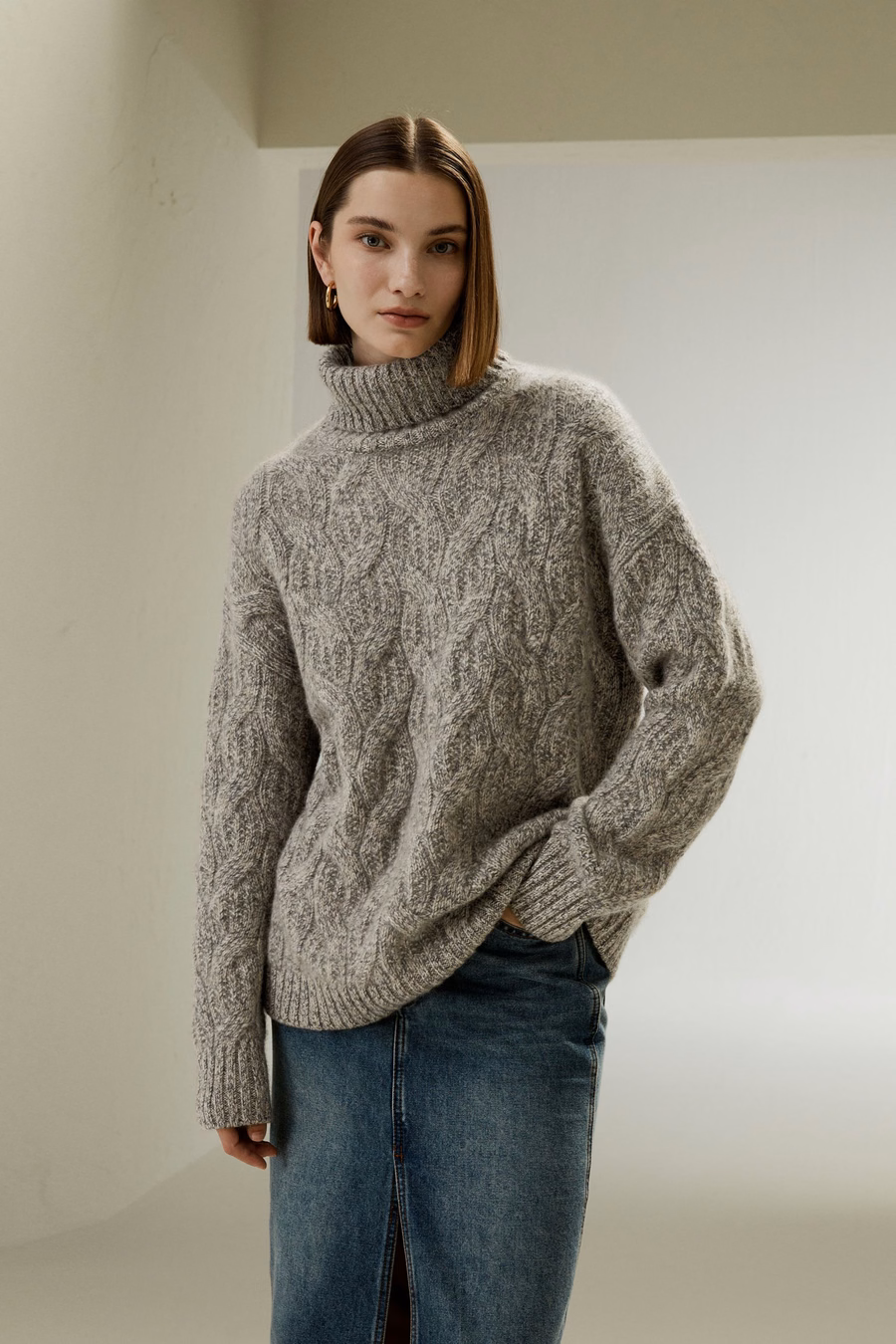 Pull Col Roulé en Cachemire Tricoté en Câble