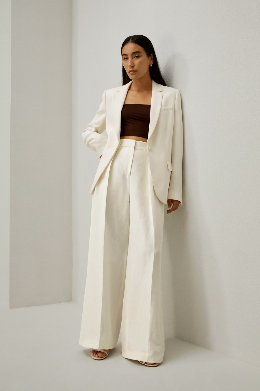 pantalon en soie et lin à plis frontaux