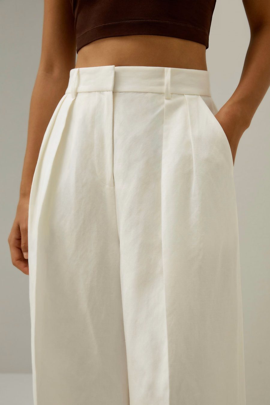 pantalon en soie et lin à plis frontaux