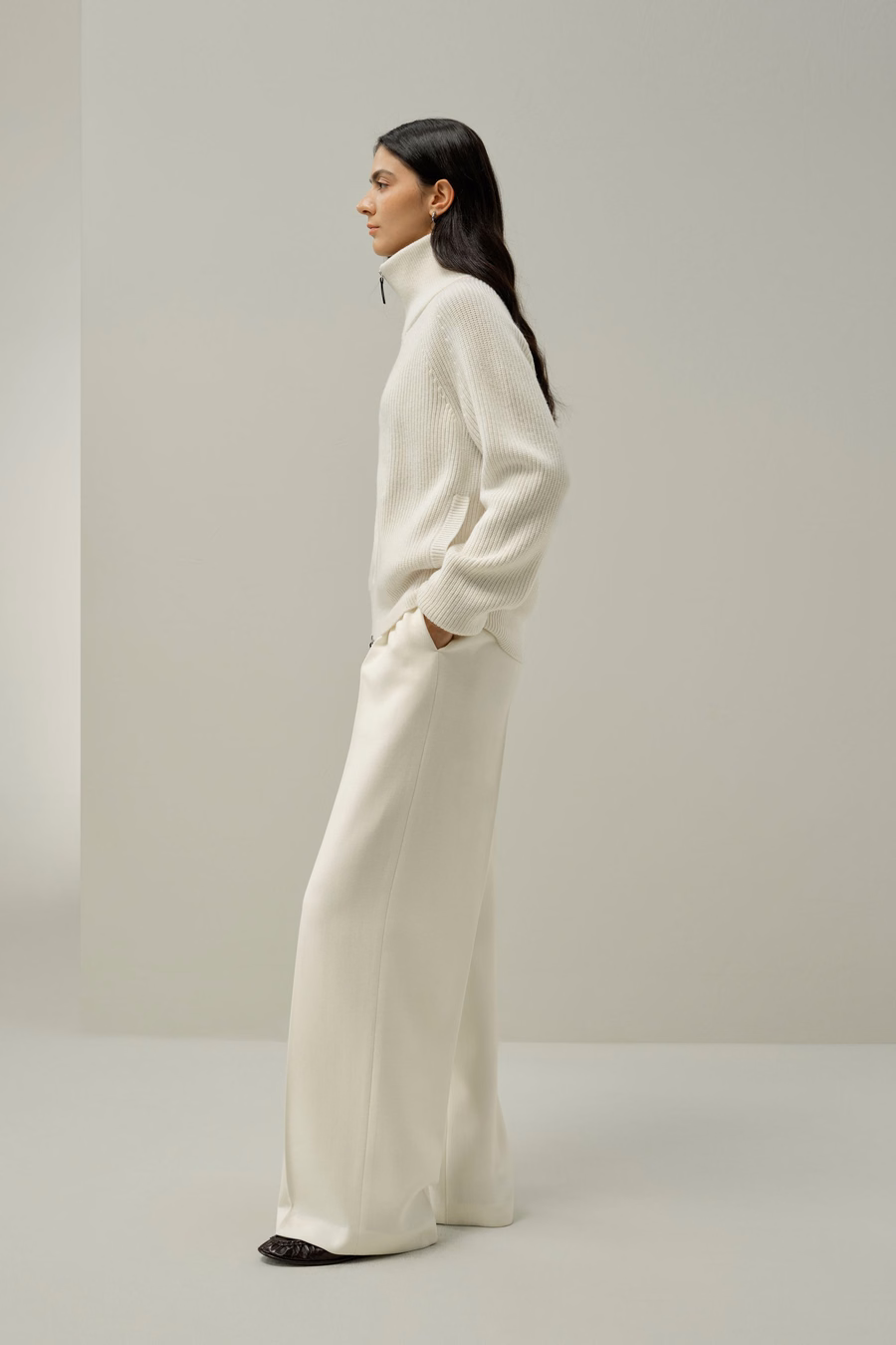 Cardigan à zip col montant en tricot côtelé
