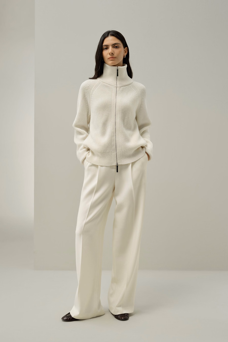 Cardigan à zip col montant en tricot côtelé