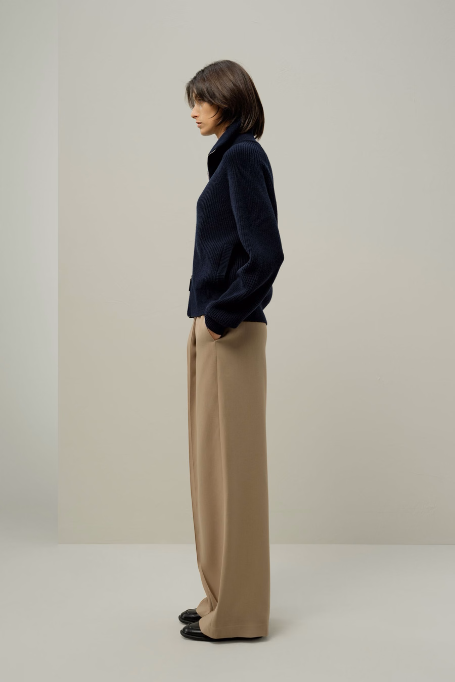 Cardigan à zip col montant en tricot côtelé