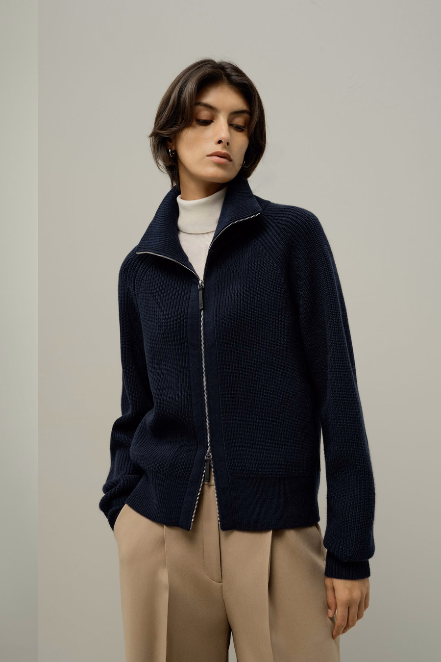 Cardigan à zip col montant en tricot côtelé
