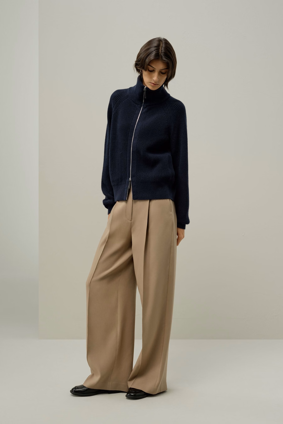 Cardigan à zip col montant en tricot côtelé