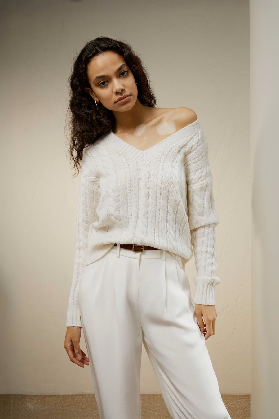 Pull en laine mélangée cachemire en tricot à câbles