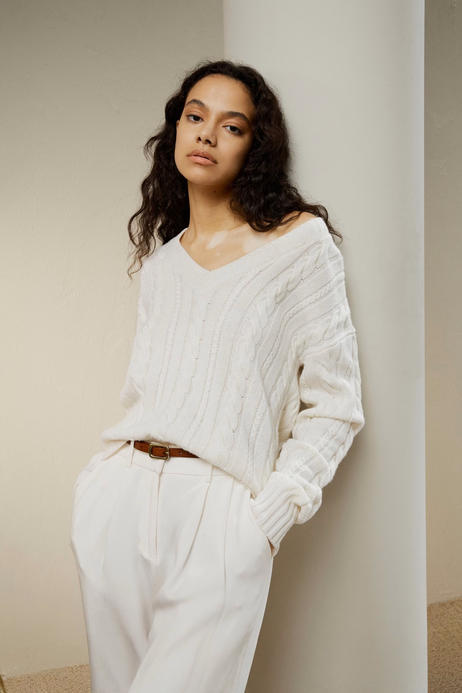 Pull en laine mélangée cachemire en tricot à câbles