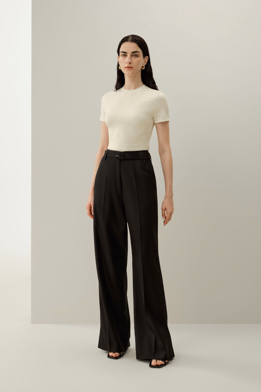 Pantalon large taille haute en laine de soie