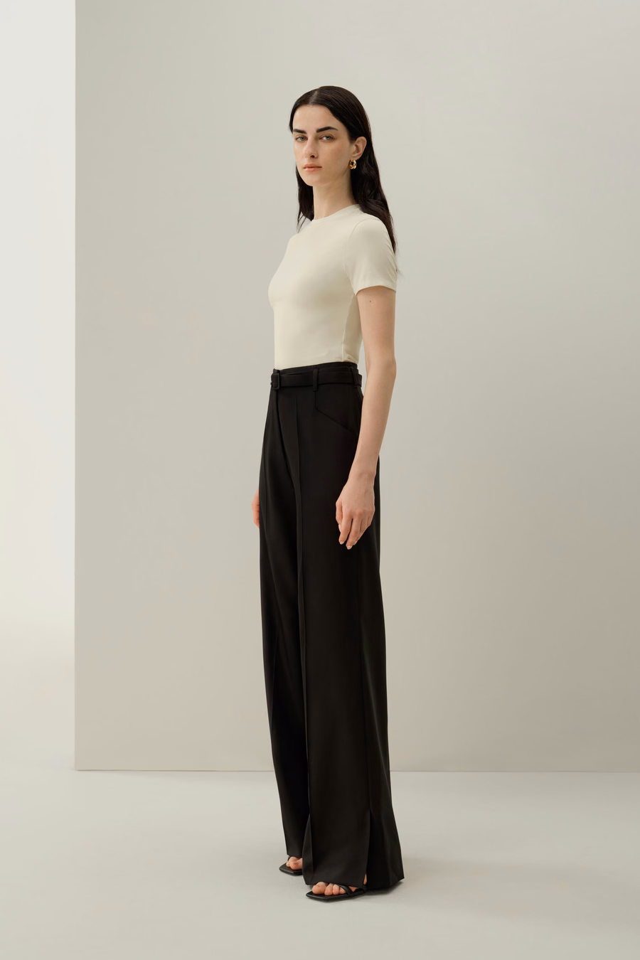 Pantalon large taille haute en laine de soie