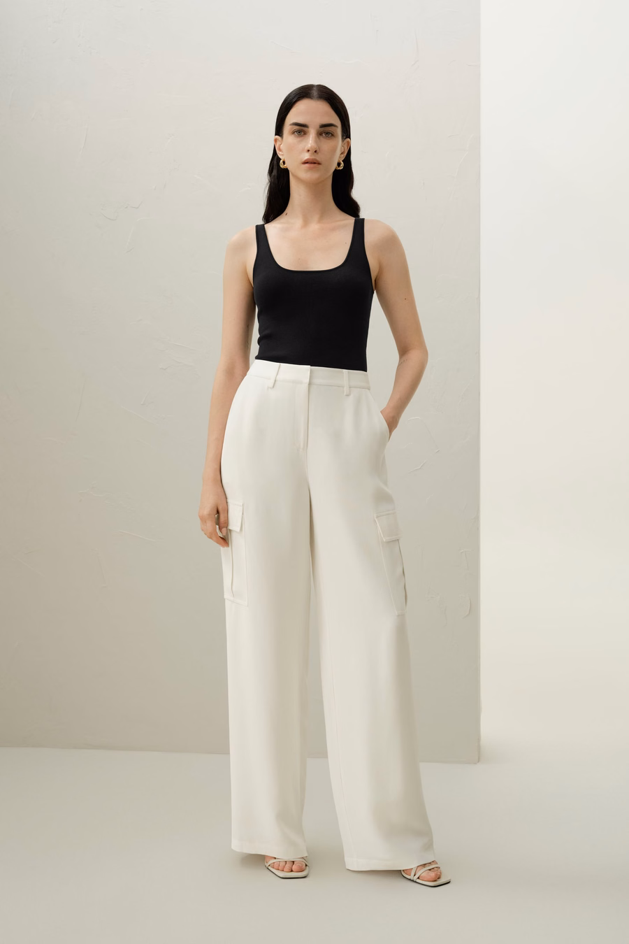 Pantalon Cargo en Crêpe de Soie Blanche