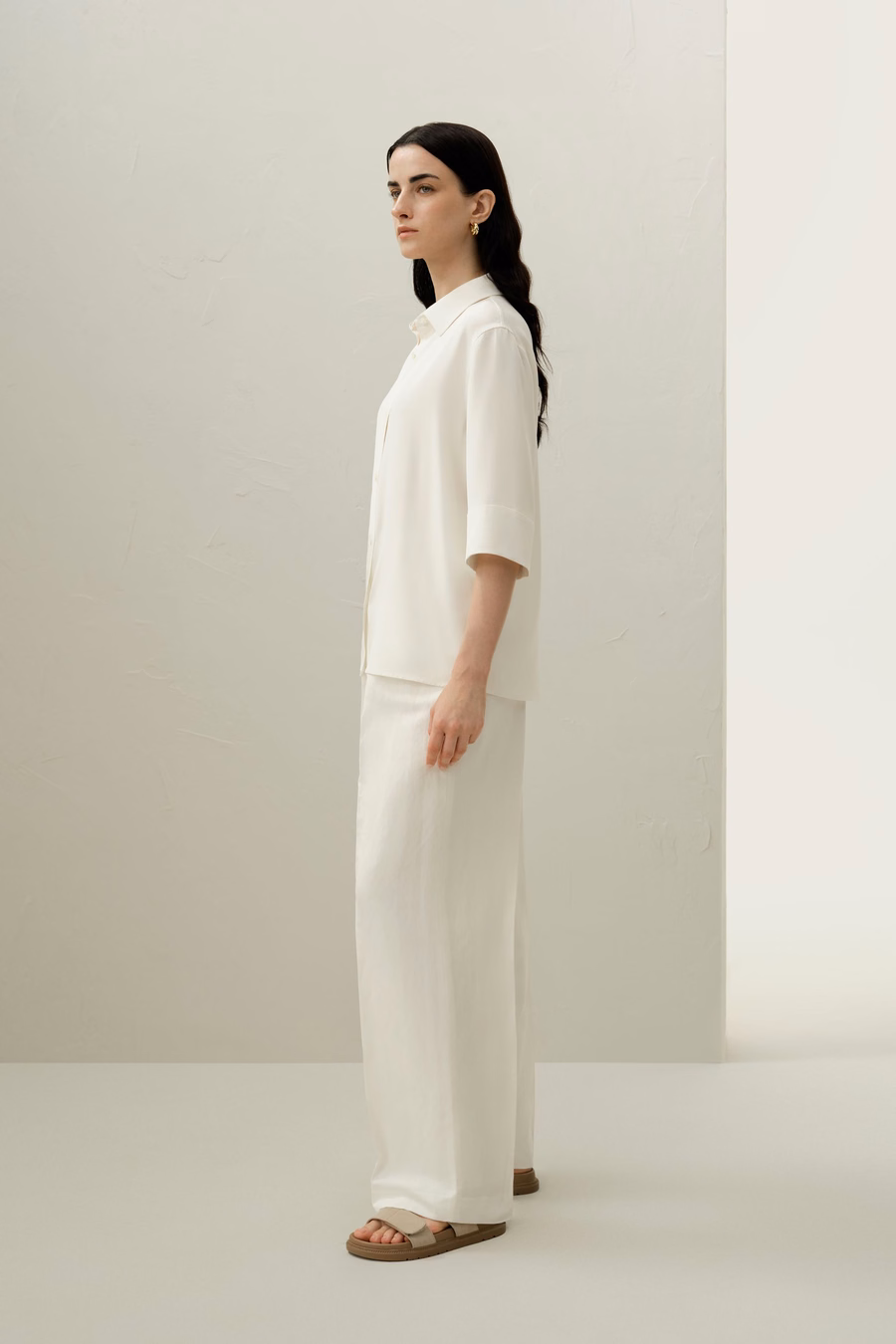 Chemise Relaxée à Manches Mi-Longues en Crêpe de Soie