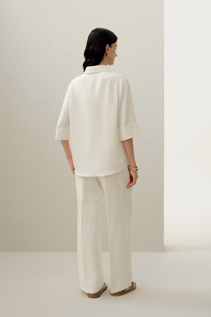 Chemise Relaxée à Manches Mi-Longues en Crêpe de Soie