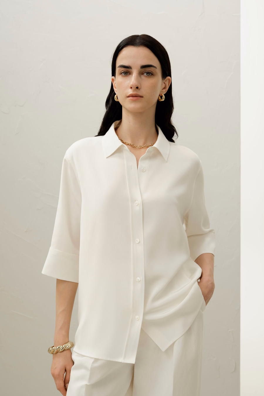 Chemise Relaxée à Manches Mi-Longues en Crêpe de Soie