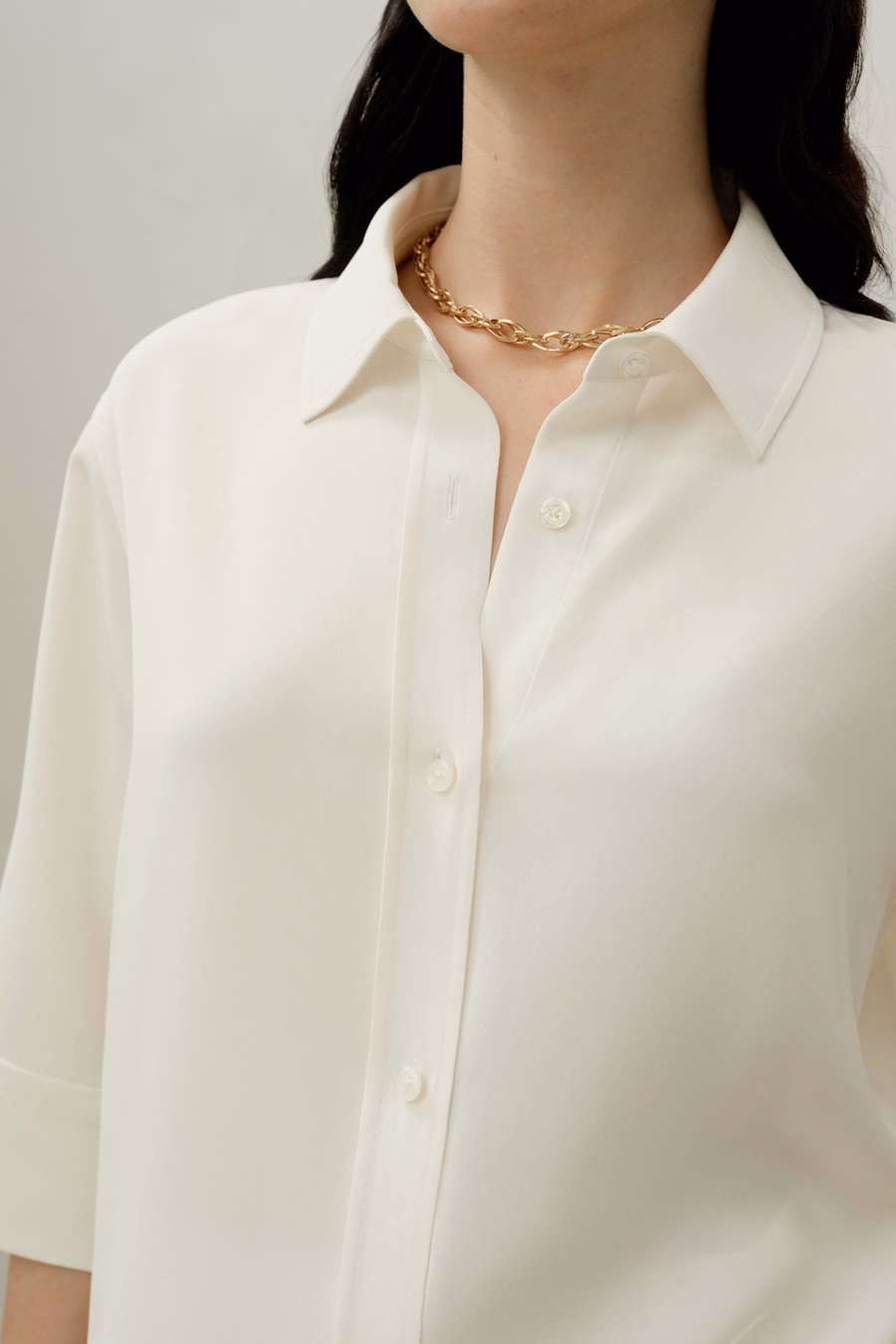 Chemise Relaxée à Manches Mi-Longues en Crêpe de Soie