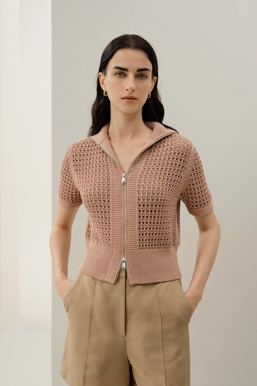 Cardigan à double zip en tricot Toscana Pointelle