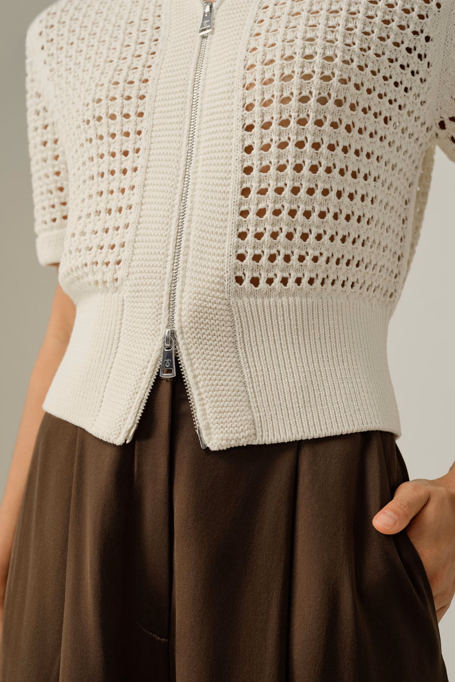 Cardigan à double zip en tricot Toscana Pointelle