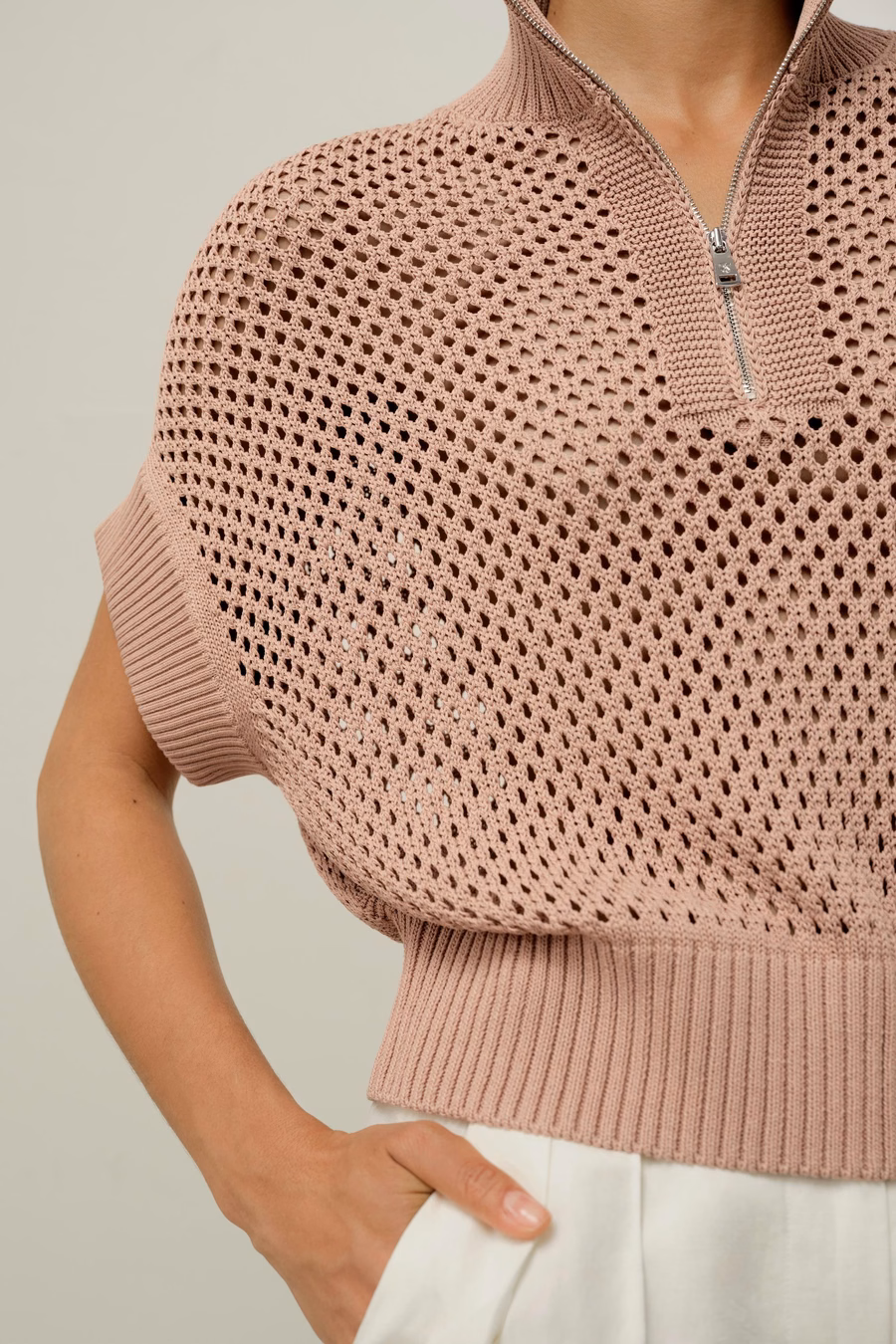 Pull à col zippé mi-long en pointelle Toscana
