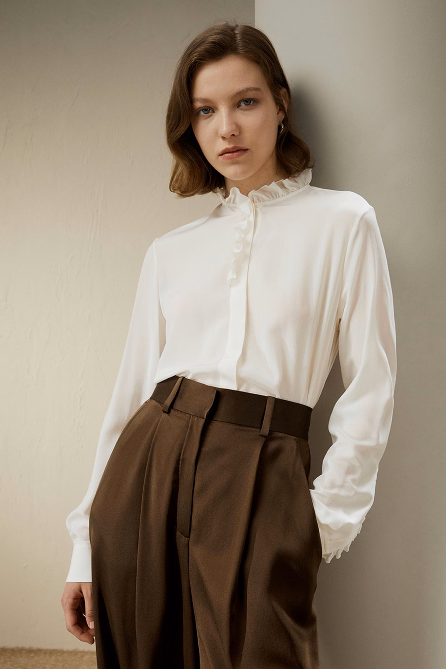 Blouse Crêpe de Chine avec Bord Volant