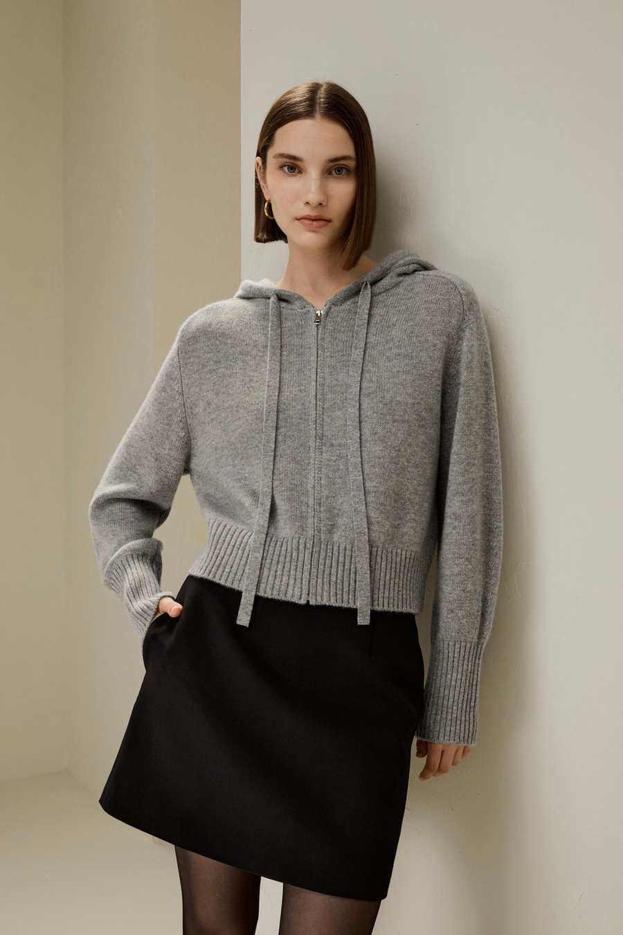Hoodie Court en Laine Cashmere à Fermeture Éclair
