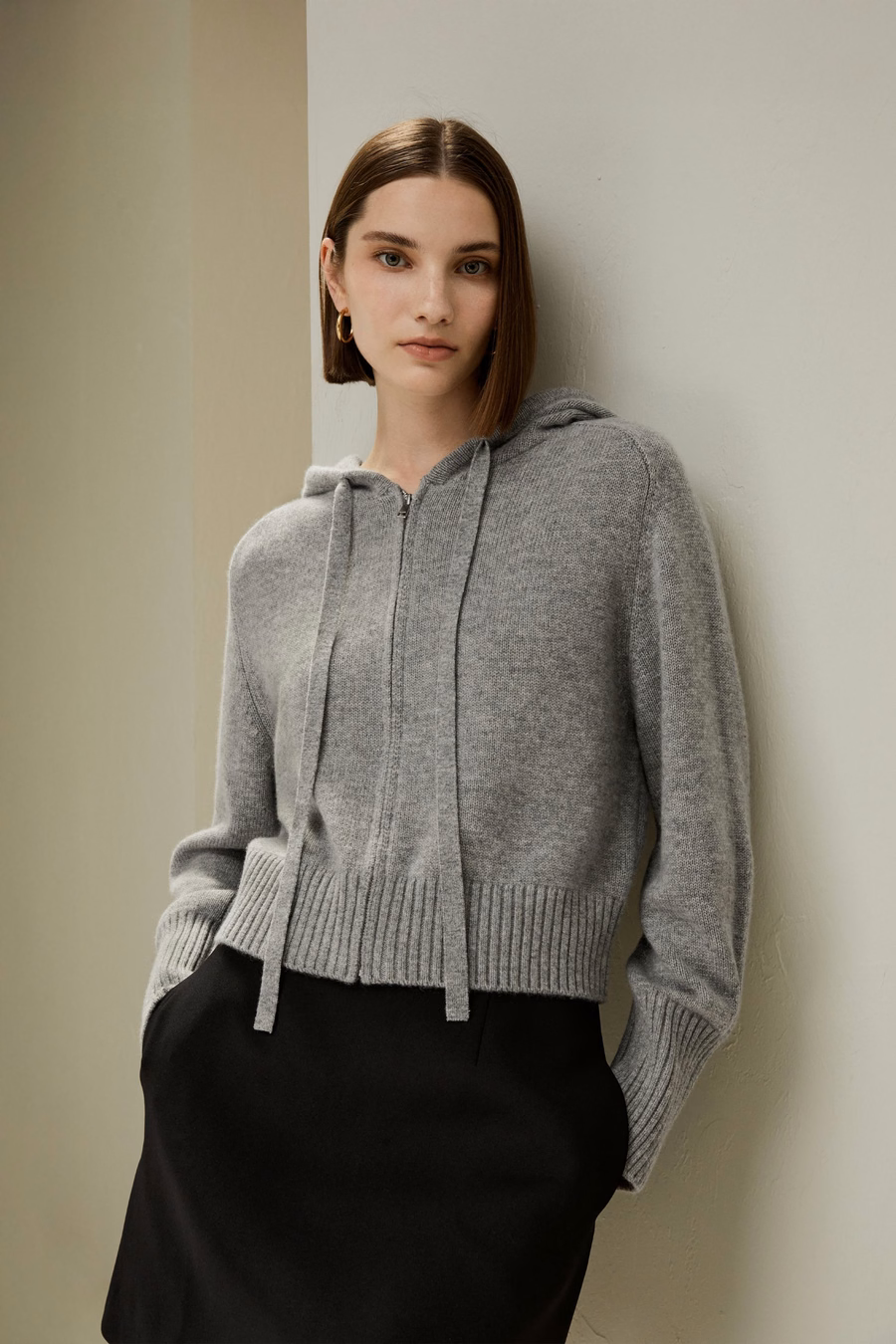 Hoodie Court en Laine Cashmere à Fermeture Éclair