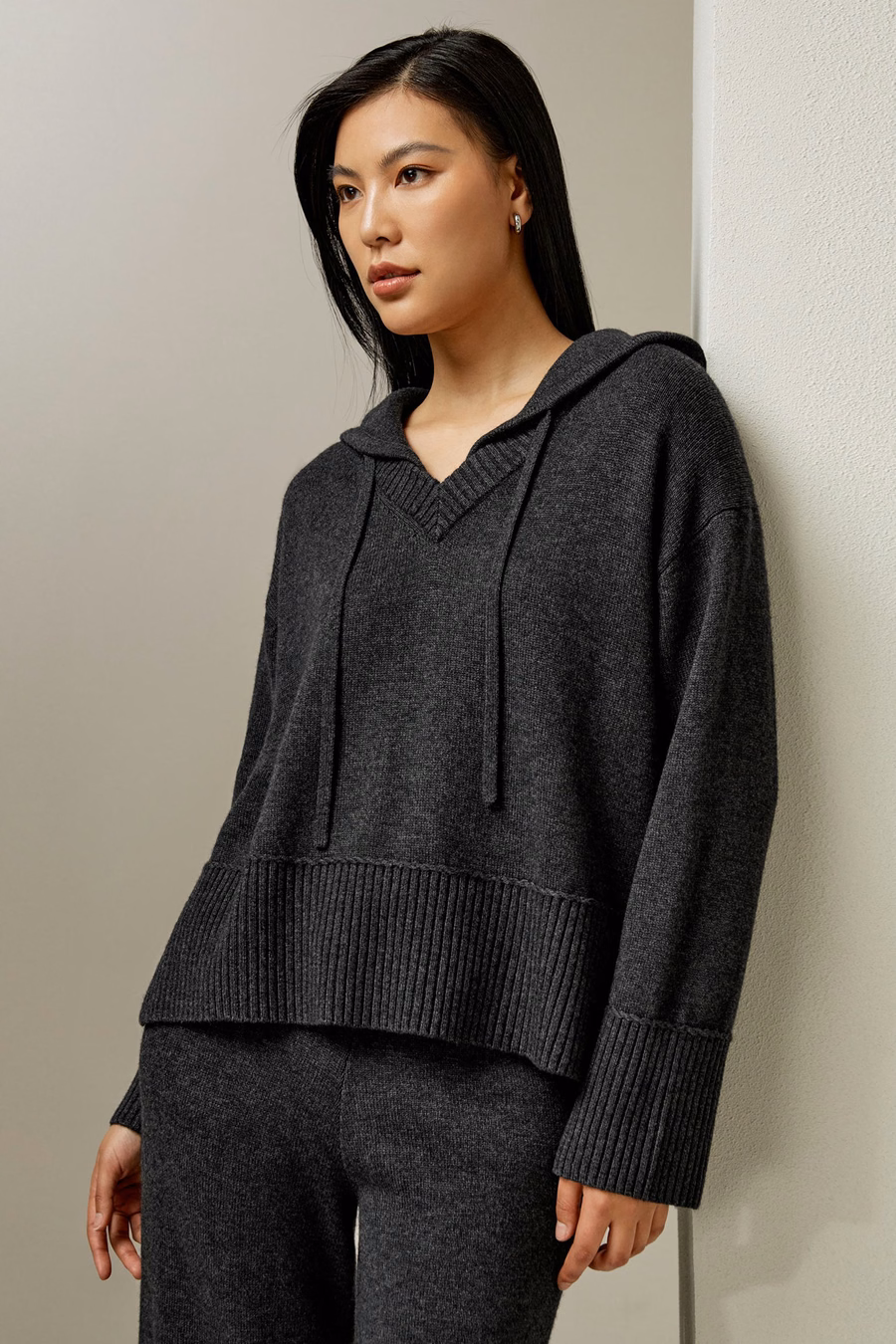 Pull à capuche en mélange de laine et cachemire en V