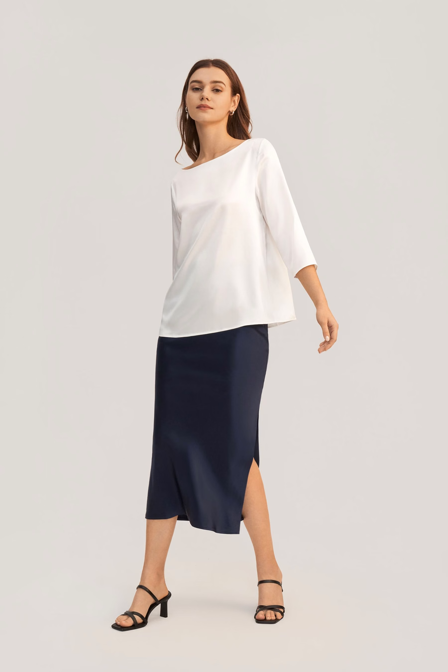 Blouse en soie à col bateau à manches 3/4