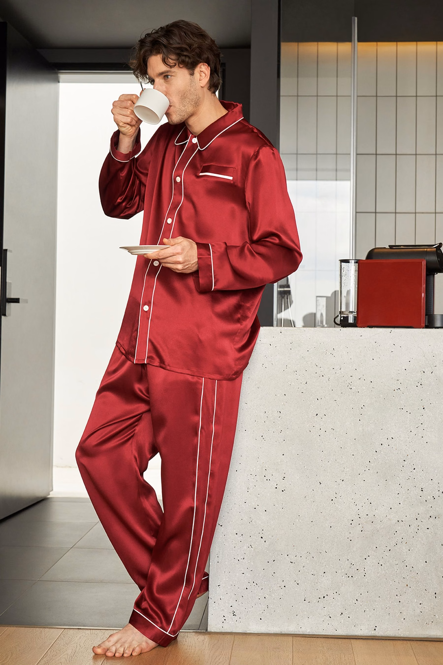 Ensemble de pyjama en soie unique avec passepoil à double rangée