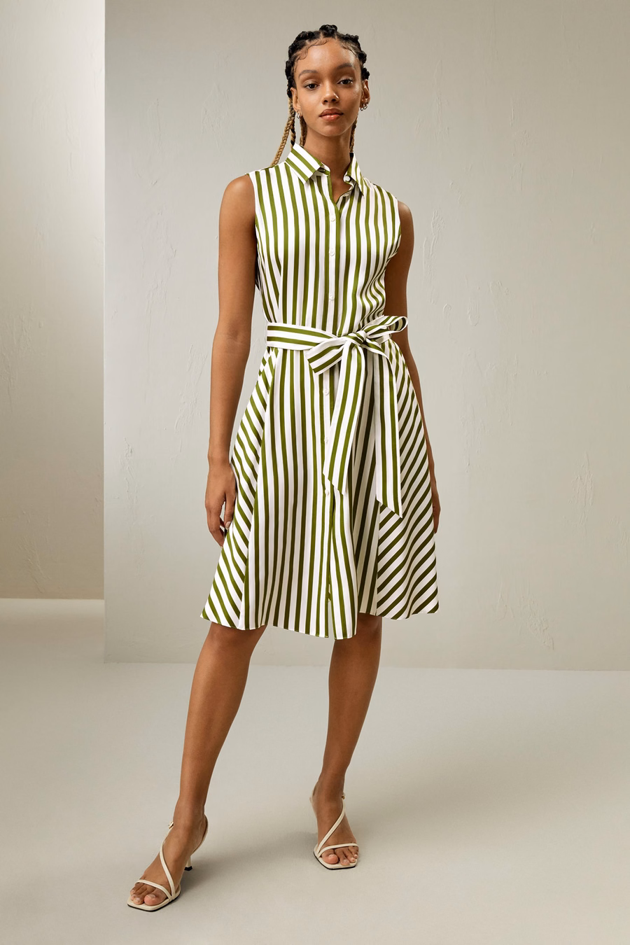 Robe Sans Manches Rayée en Soie