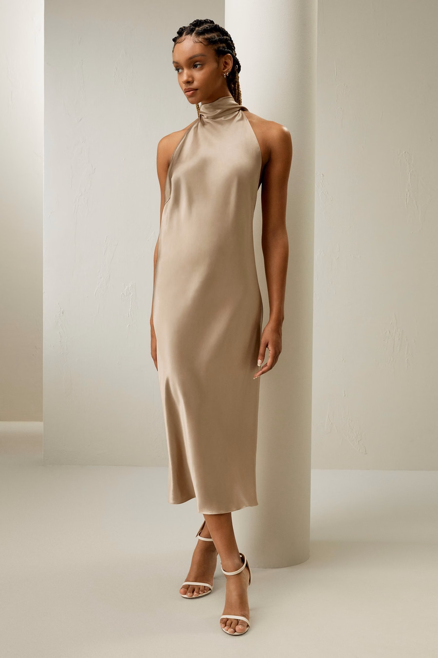 Robe midi en soie à col halter