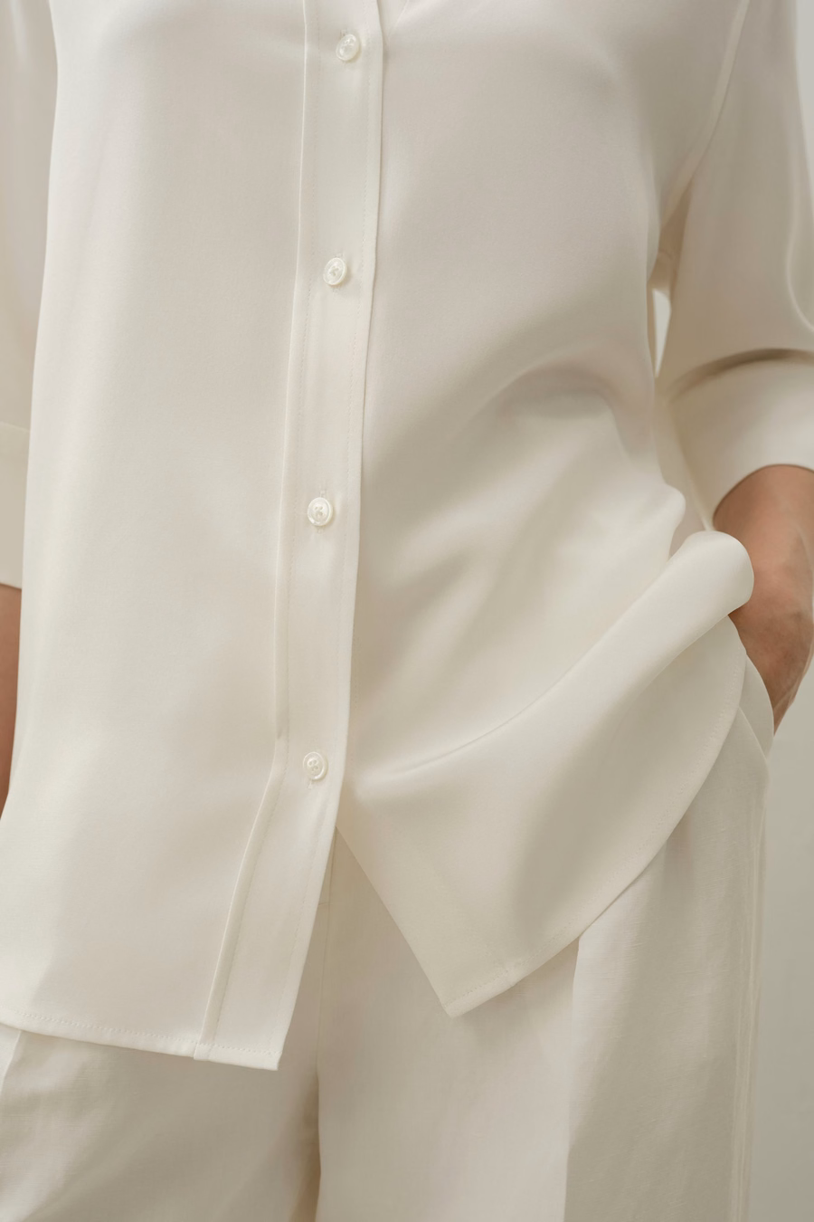 Chemise Relaxée à Manches Mi-Longues en Crêpe de Soie