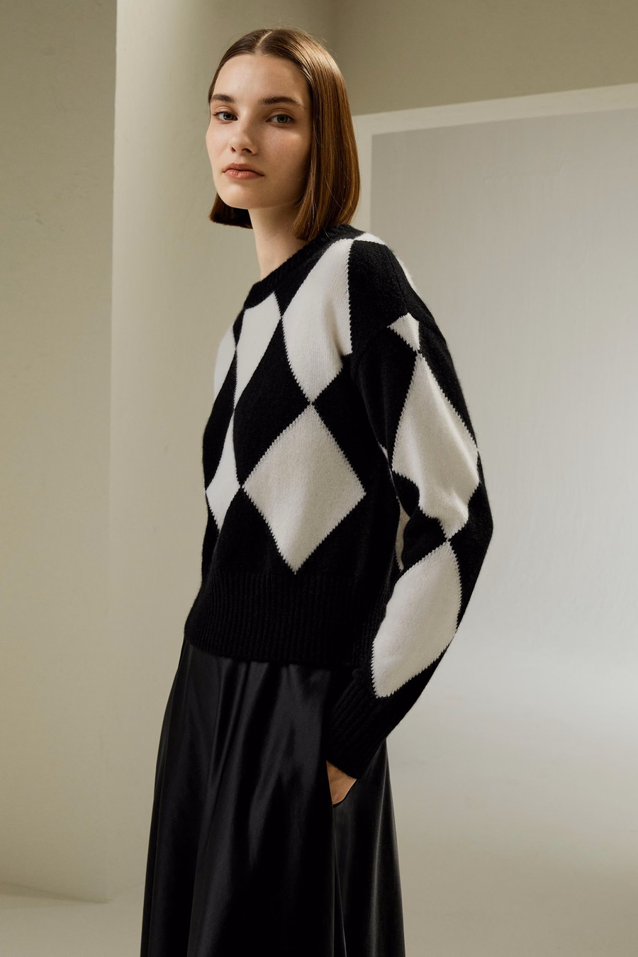 Pull en cachemire à col rond avec motif en losanges