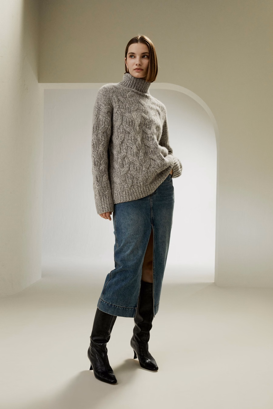 Pull Col Roulé en Cachemire Tricoté en Câble