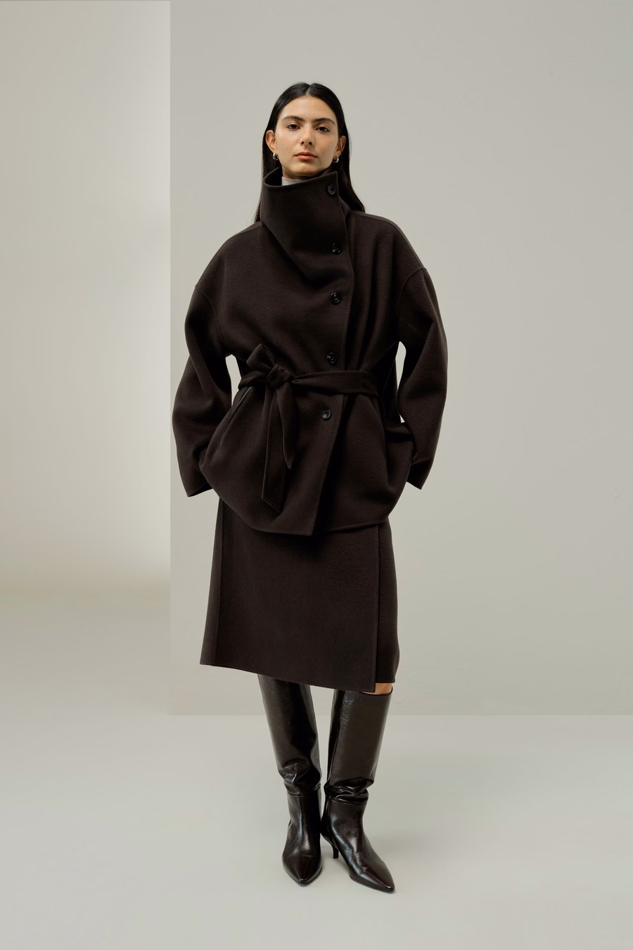 Manteau en Mélange Soie-Laine à Col Convertible