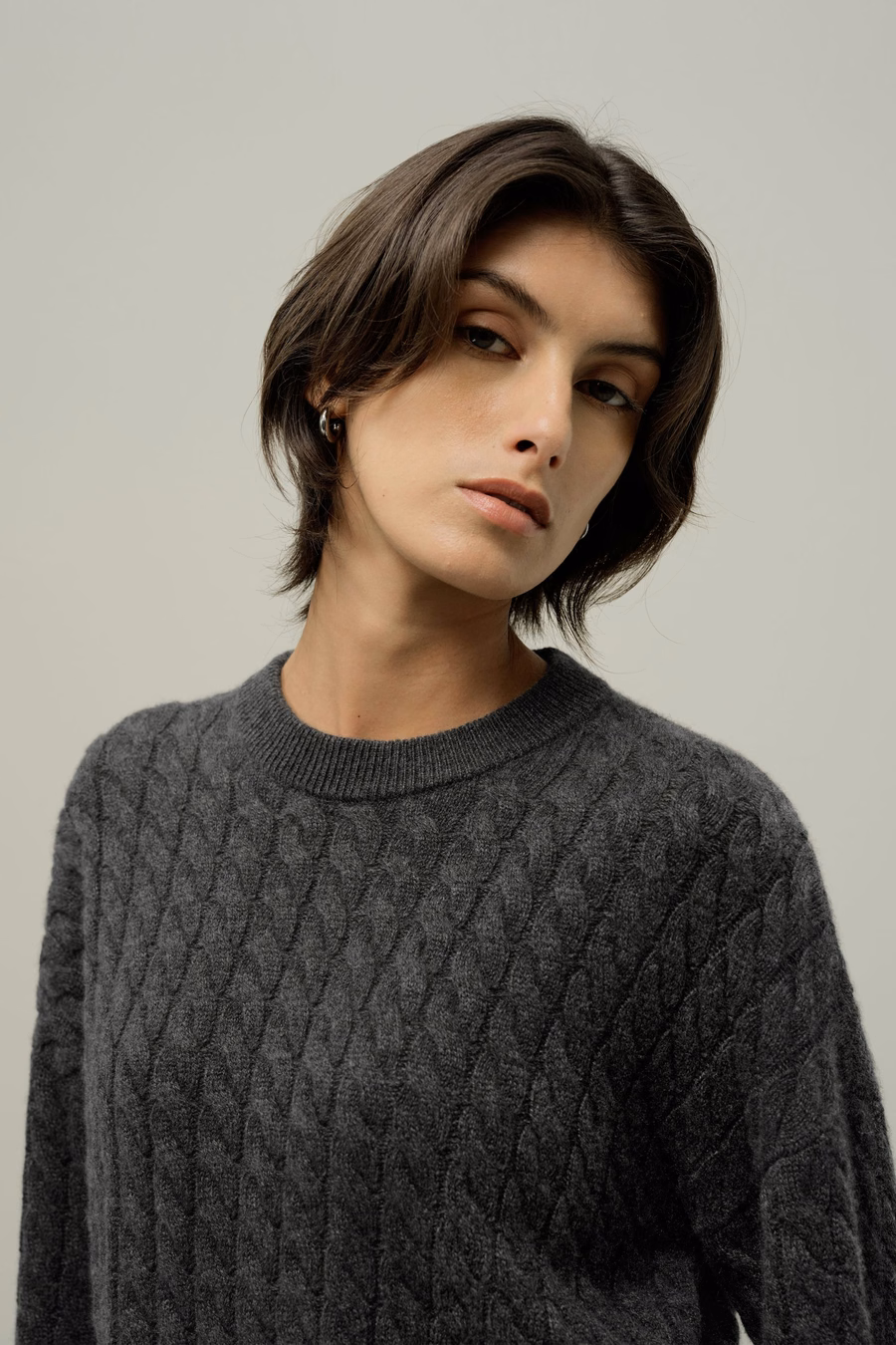 Pull en Cachemire Tricoté en Câble à Col Rond