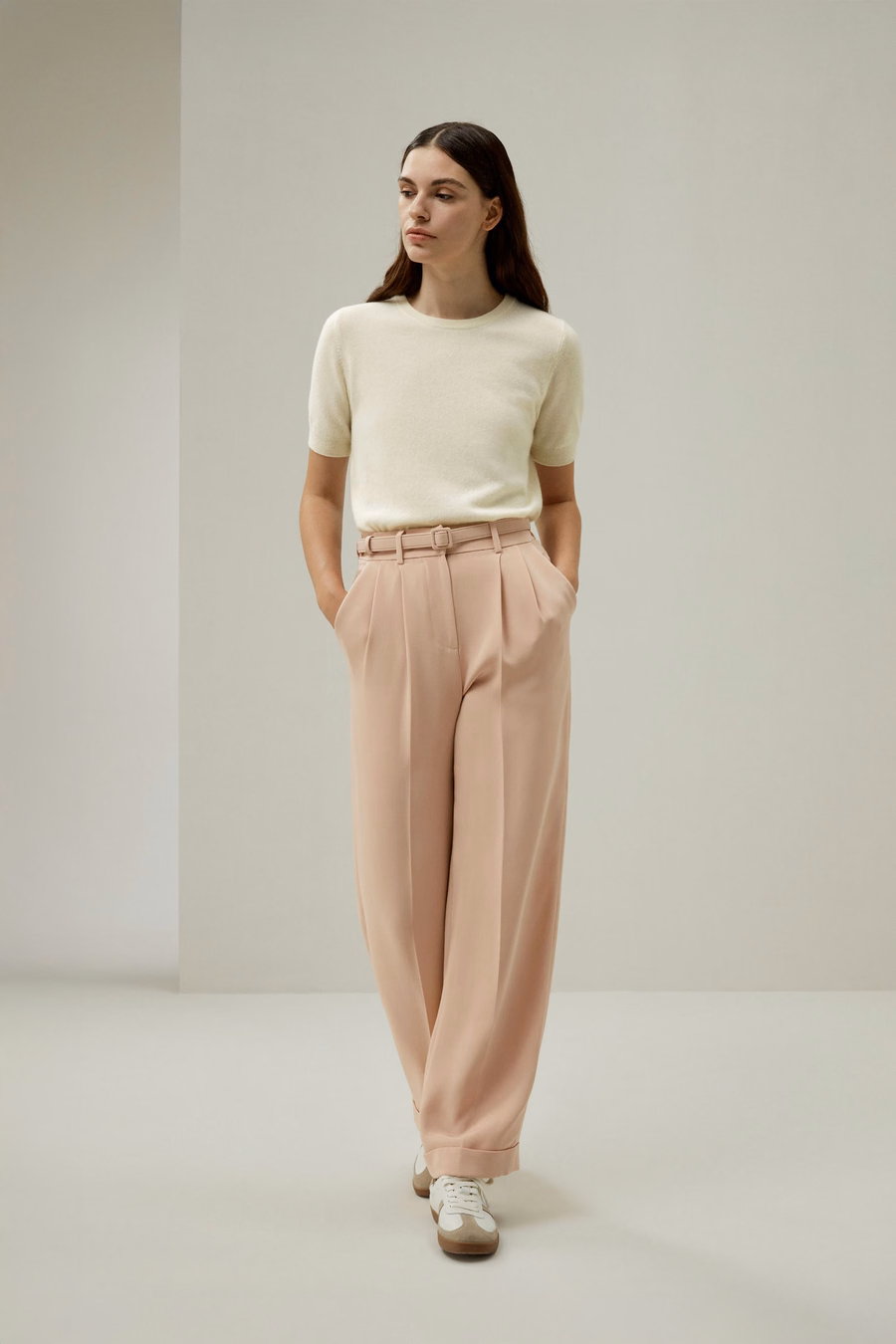 Pantalon droit en soie rose acajou