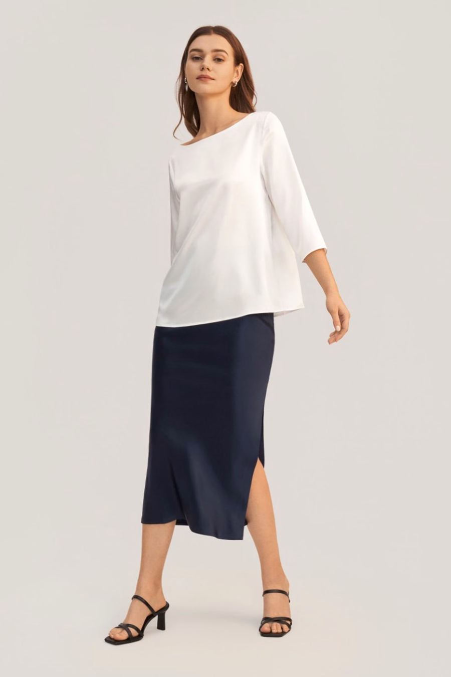 Blouse en soie à col bateau à manches 3/4