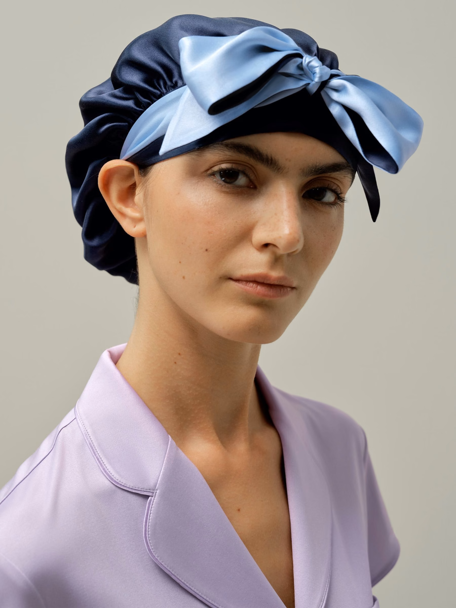 Bonnet de sommeil en soie réversible avec rubans ajustables